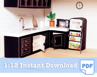 1/12 Scale Dollhouse Miniature Kitchen Set, Printable DIY Kit (PDF)