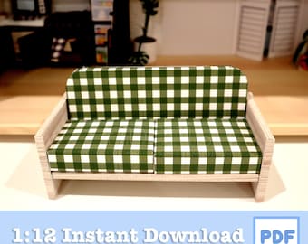 1/12 Scale Gingham Green Dollhouse Sofa, Printable DIY (PDF Pattern)