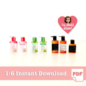 May include: Set of seven miniature bottles of shampoo, conditioner, and soap. The bottles are labeled with the words "Shampoo", "Conditioner", "Soap", and "Cleanser". The bottles are 1/6 doll size.
