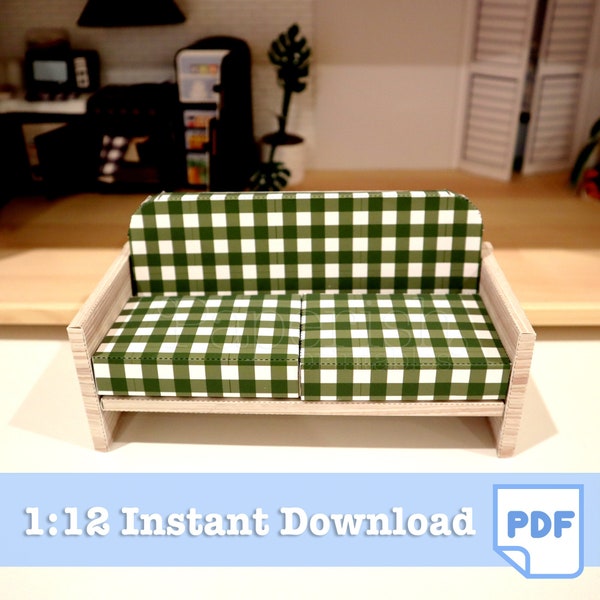 1/12 Gingham Green Sofa Dollhouse DOWNLOAD PRINTABLE template, dollhouse furniture diy, dollhouse furniture kits, miniature printables