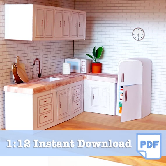 1 12 White PRINTABLE Miniature Kitchen Set Large Dollhouse Kit