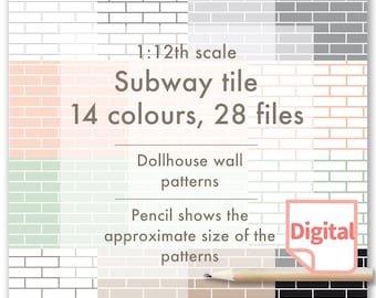 1/12 Scale Dollhouse Subway Tile Wallpaper, 14 Colors (Digital Download)