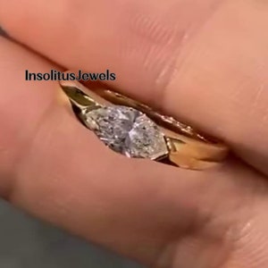 Marquise Cut East To West Moissanite Engagement Ring, 1Ct Marquise Cut  Half Bezel Setting, 14K Solid Yellow Gold Wedding Ring For Women.