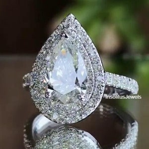 Double Halo Engagement Ring, 3CT Pear Cut Moissanite Stone  Ring, Vintage Style Wedding Ring , Teardrop Pave set Ring, Wedding Ring for Her
