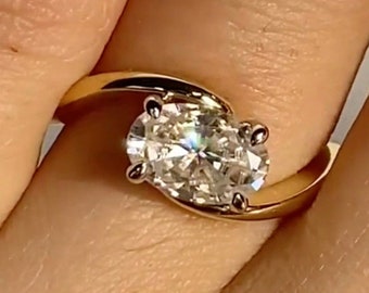 East West Oval Stone Engagement Ring, 3.00CT   Oval Cut Moissanite Ring, Bridal Set Horizontal Ring, 14K Gold Ring Bypass Set Unique Ring.