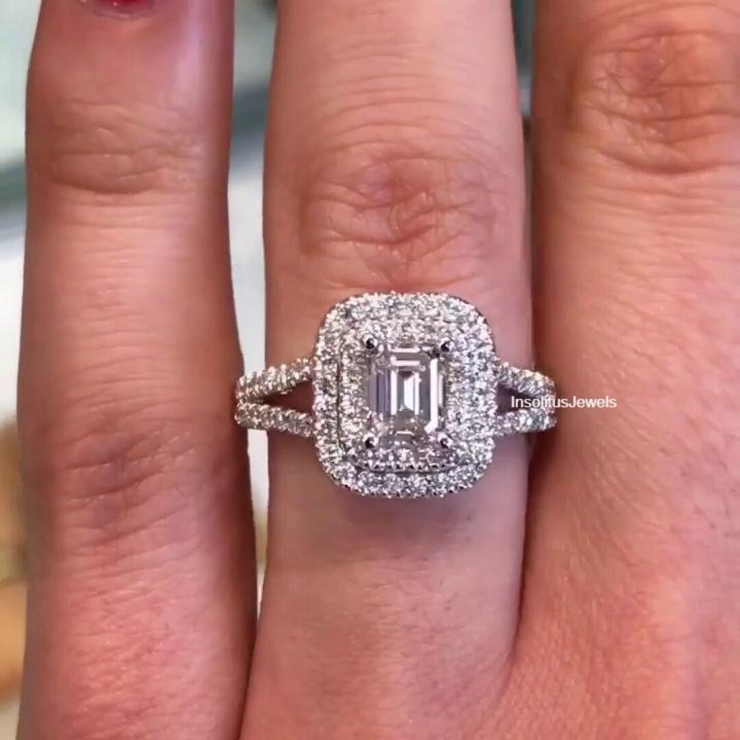 Emerald Cut Lab Diamond Engagement Ring, Split Shank 3/4eternity Band ...