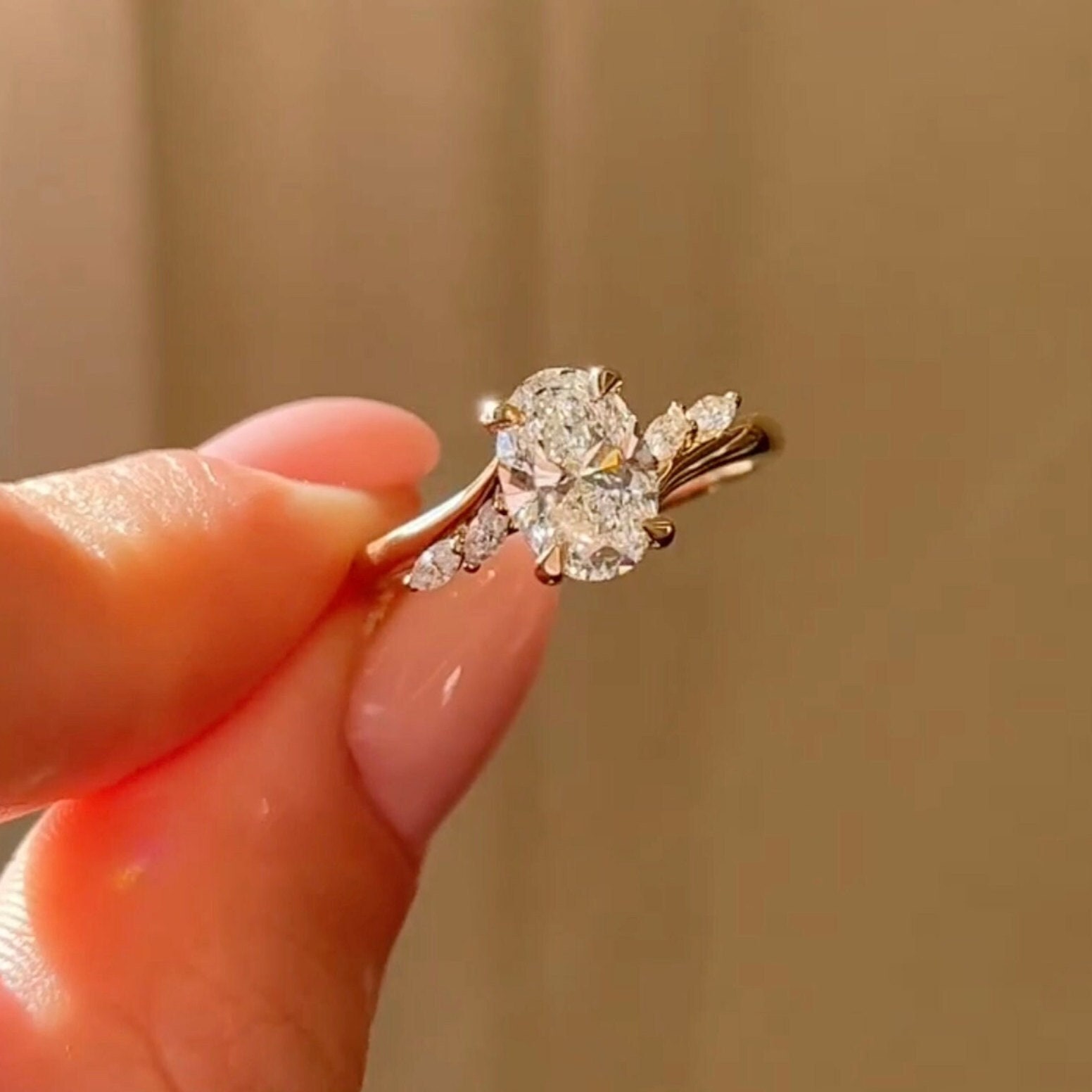 2CT Oval Moissanite Engagement Ring 5 Stone Ring Unique design Ring With Marquise side stone Art deco Promise Anniversary Ring For Woman