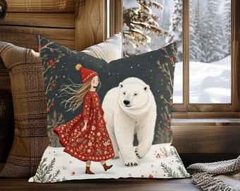 Nordic Folk Art Pillow – Winter Girl with Polar Bear, Scandinavian Christmas Cushion