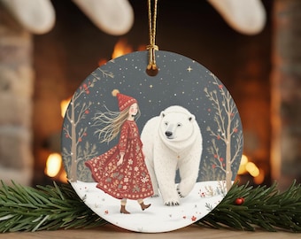 Scandinavian Christmas Ornament – Girl & Polar Bear Fairytale Scene • Ceramic Folk Art Gift for Winter Decor Lovers
