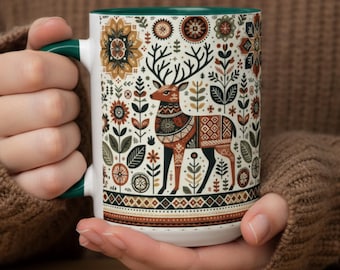 Scandinavian Style Mug with Stag | Hygge Folk Art Coffee Cup for Cozy Home Decor & Gift Ideas; Nordic mug