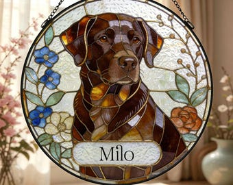 Personalized Chocolate Lab Stained Glass Suncatcher, Dog Window Hanging, Dog Lover Gift