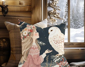 Scandinavian Christmas Pillow Cover – Nordic Girl & White Owl in Winter Fairytale Scene •