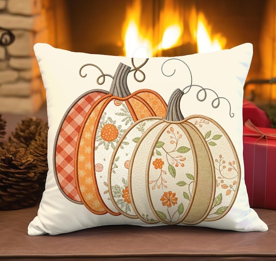 Faux Patchwork Pumpkin Pillow Cover – Faux Suede or Polyester Fall Cushion Case, Cozy Farmhouse