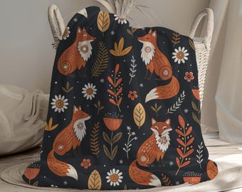 Nordic Folk Fox Sherpa Blanket – Scandinavian Fleece Throw with Autumn Florals on Black, Cozy Fall Winter Bed Decor