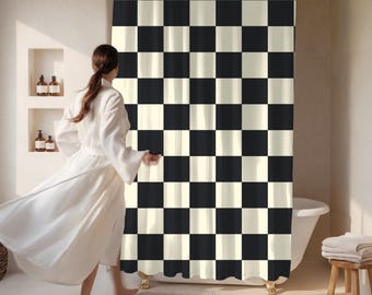 Black and White Checkered Shower Curtain – Modern Farmhouse Bathroom Decor, Minimalist Bold Plaid Pattern