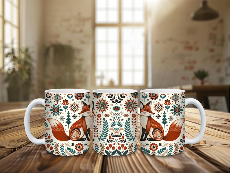Scandinavian Fox Mug • Nordic Folk Art Coffee Cup • Cozy Autumn Forest Gift • Hygge Animal Mug for Nature Lovers