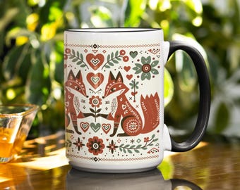 Scandinavian foxes in love mug- Design inspired by Nordic folk art.