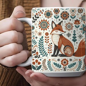 Scandinavian Fox Mug • Nordic Folk Art Coffee Cup • Cozy Autumn Forest Gift • Hygge Animal Mug for Nature Lovers