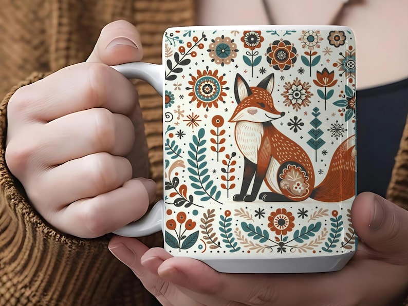 Scandinavian Fox Mug • Nordic Folk Art Coffee Cup • Cozy Autumn Forest Gift • Hygge Animal Mug for Nature Lovers