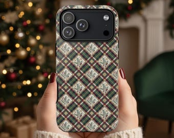 Burgundy and Green Plaid Phone Case, Christmas Tartan Cover Compatible with iPhone & Samsung