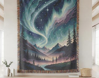 Northern Lights Woven Blanket - Cozy Nordic Aurora Borealis Inspired Throw - Perfect Gift for Lovers of Scandinavian Style and Nature
