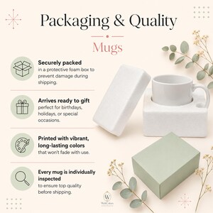 May include: A white ceramic mug nestled in a white protective foam insert next to a closed sage green box. The text reads Packaging & Quality Mugs, Securely packed, Arrives ready to gift, Printed with vibrant, long-lasting colors, and Every mug is individually inspected.