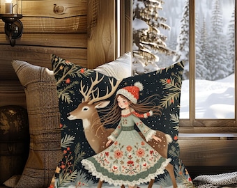 Scandinavian Christmas Pillow – Nordic Girl & Reindeer in Fairytale Scene • Unique Folk Art Cushion Gift for Winter Decor