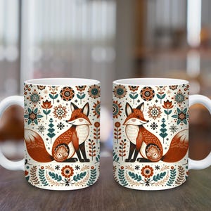 Scandinavian Fox Mug • Nordic Folk Art Coffee Cup • Cozy Autumn Forest Gift • Hygge Animal Mug for Nature Lovers