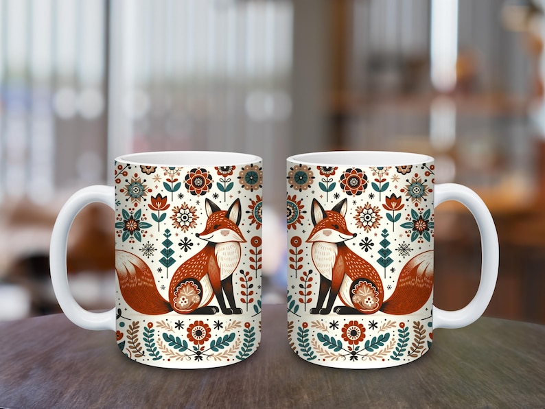 Scandinavian Fox Mug • Nordic Folk Art Coffee Cup • Cozy Autumn Forest Gift • Hygge Animal Mug for Nature Lovers