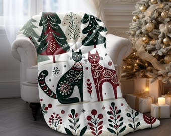 Scandinavian Christmas Cat Blanket • Cozy Holiday Folk Art Throw • Nordic Winter Gift for Cat Lovers • Soft Sofa or Bed Decor