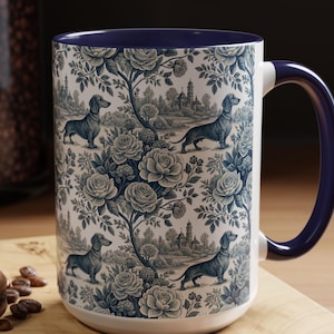 Blue Toile de Jouy Dachshund Mug – Chinoiserie Dog Mom Gift – Elegant Wiener Dog Cup – Doxie Lover Gift