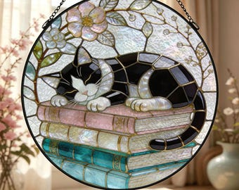 Tuxedo Cat Stained Glass Suncatcher, Cat on Books Window Hanging, Book Lover Gift