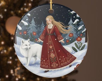 Scandinavian Winter Ornament • Arctic Fox & Woman • Nordic Christmas Tree Decoration