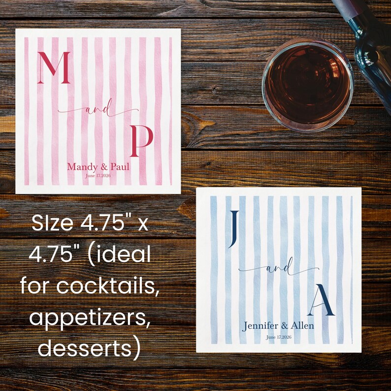 May include: Two square coasters measuring 4.75 inches by 4.75 inches. One features pink vertical stripes with the letters M and P, the text and, and the names Mandy & Paul with the date June 17, 2026. The other has blue stripes with J and A.