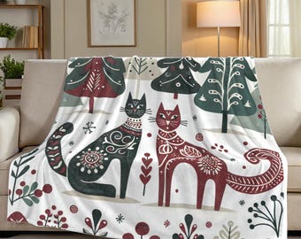 Scandinavian Christmas Cat Blanket • Cozy Holiday Folk Art Throw • Nordic Winter Gift for Cat Lovers • Soft Sofa or Bed Decor
