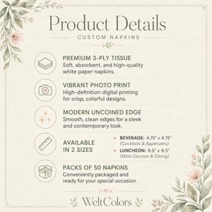May include: Product details for custom napkins featuring premium 3-ply white tissue, vibrant digital photo printing, and smooth uncoined edges. Available in two sizes: beverage at 4.75 by 4.75 inches and luncheon at 6.5 by 6.5 inches, in packs of 50.
