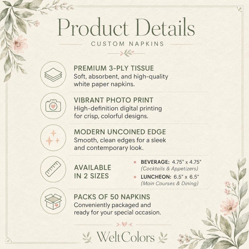 May include: Product details for custom napkins featuring premium 3-ply white tissue, vibrant digital photo printing, and smooth uncoined edges. Available in two sizes: beverage at 4.75 by 4.75 inches and luncheon at 6.5 by 6.5 inches, in packs of 50.