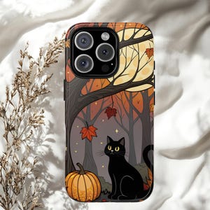 Black Cat Autumn Phone Case – Fall Forest Pumpkin Design for iPhone, Samsung & Pixel – Spooky Cute Halloween Aesthetic