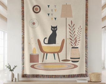 Mid Century Modern Cat Woven Blanket – Retro Throw with MCM decor - Cozy Vintage Decor