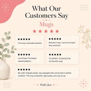 May include: A customer review graphic titled What Our Customers Say Mugs with five pink stars and five individual five-star reviews. The text includes comments about mug quality and appearance. A white vase with green eucalyptus leaves is on the left.