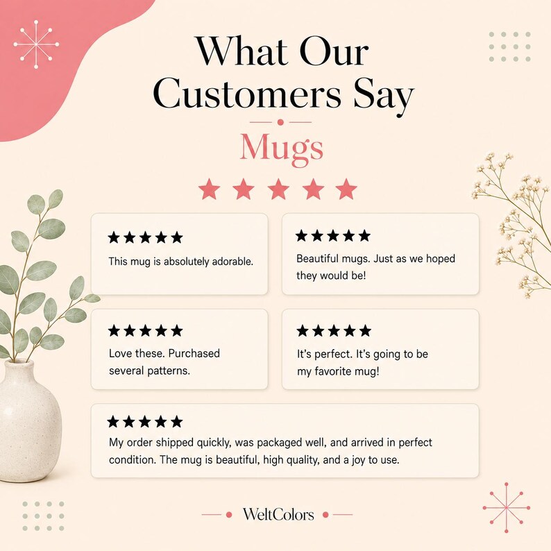 May include: A customer review graphic titled What Our Customers Say Mugs with five pink stars and five individual five-star reviews. The text includes comments about mug quality and appearance. A white vase with green eucalyptus leaves is on the left.