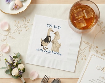 Silly Goose Wedding Napkins, Personalized Bride and Groom Cocktail Napkins, Funny Wedding Favor Decor