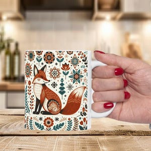 Scandinavian Fox Mug • Nordic Folk Art Coffee Cup • Cozy Autumn Forest Gift • Hygge Animal Mug for Nature Lovers