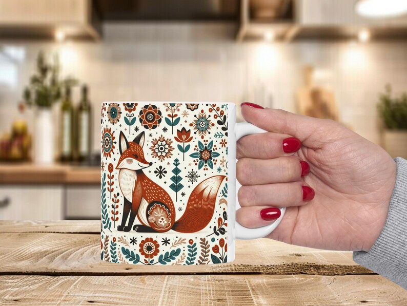 Scandinavian Fox Mug • Nordic Folk Art Coffee Cup • Cozy Autumn Forest Gift • Hygge Animal Mug for Nature Lovers