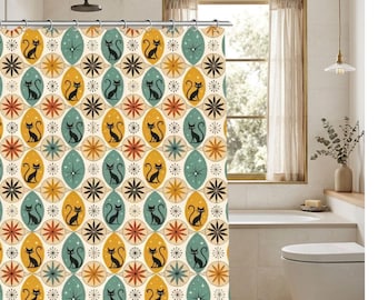 Atomic Cats MCM Shower Curtain | Mid Century Modern  | Retro Bathroom Decor for Cat Lovers | Housewarming gift
