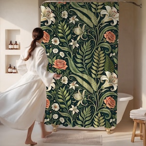 Dark Botanical Floral Shower Curtain, Cottagecore Bathroom Decor, Vintage Boho Aesthetic, Moody Nature Bathroom Curtain
