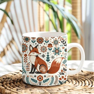 Scandinavian Fox Mug • Nordic Folk Art Coffee Cup • Cozy Autumn Forest Gift • Hygge Animal Mug for Nature Lovers