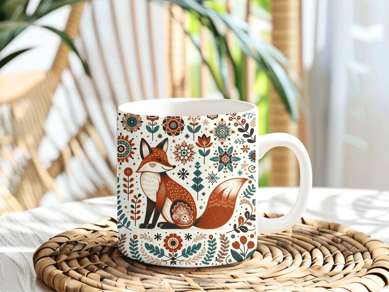Scandinavian Fox Mug • Nordic Folk Art Coffee Cup • Cozy Autumn Forest Gift • Hygge Animal Mug for Nature Lovers