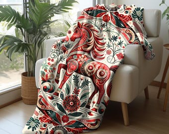 Horse design blanket, European Folk style - Elegant horse decorated, Minky /Sherpa blanket Perfect for home decor, sofa decor