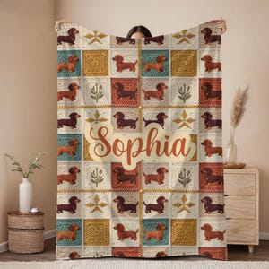 Dachshund Granny Square Blanket | Faux Crochet Dog Throw | Personalized Wiener Dog Gift | Sherpa & Velveteen